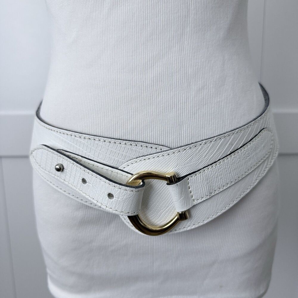 Vtg Calderon White Lizard Embossed Leather Contour Waist Belt Gold Horseshoe M